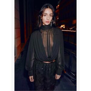 Zara DRAPED SEMI-SHEER PUFF SLEEVE TOP